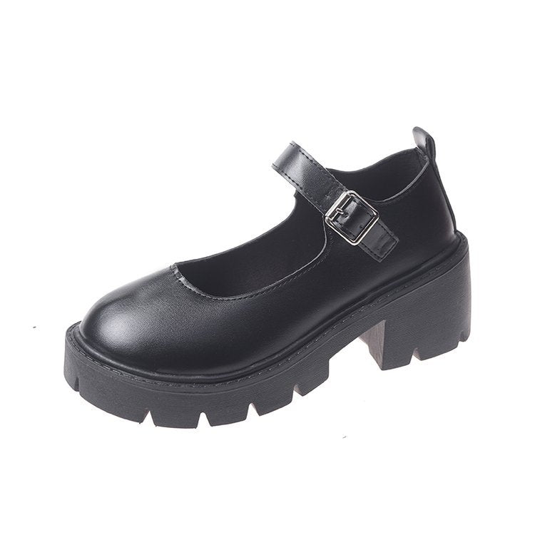 Small leather shoes women's 2022 spring new British college style bright leather high heels single shoes round head platform Mary Jane shoes women