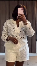 European and american cross-border women's fashion  spring new arrival: solid color long sleeve v-neck top and waist-cinching shorts casual two-piece set