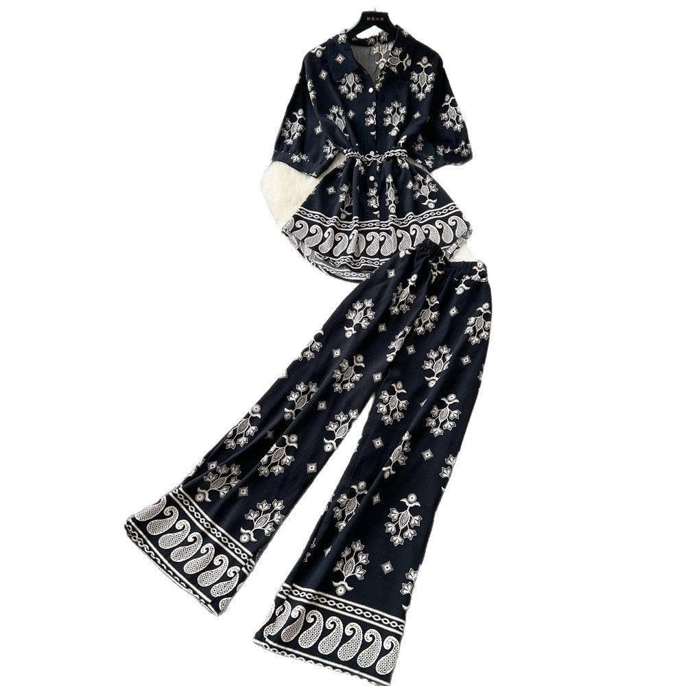 Commuting style printing lapel casualtwo-piece set women's summerretrolong sleeves waist slimming lookeasiest for matchelegantsuit