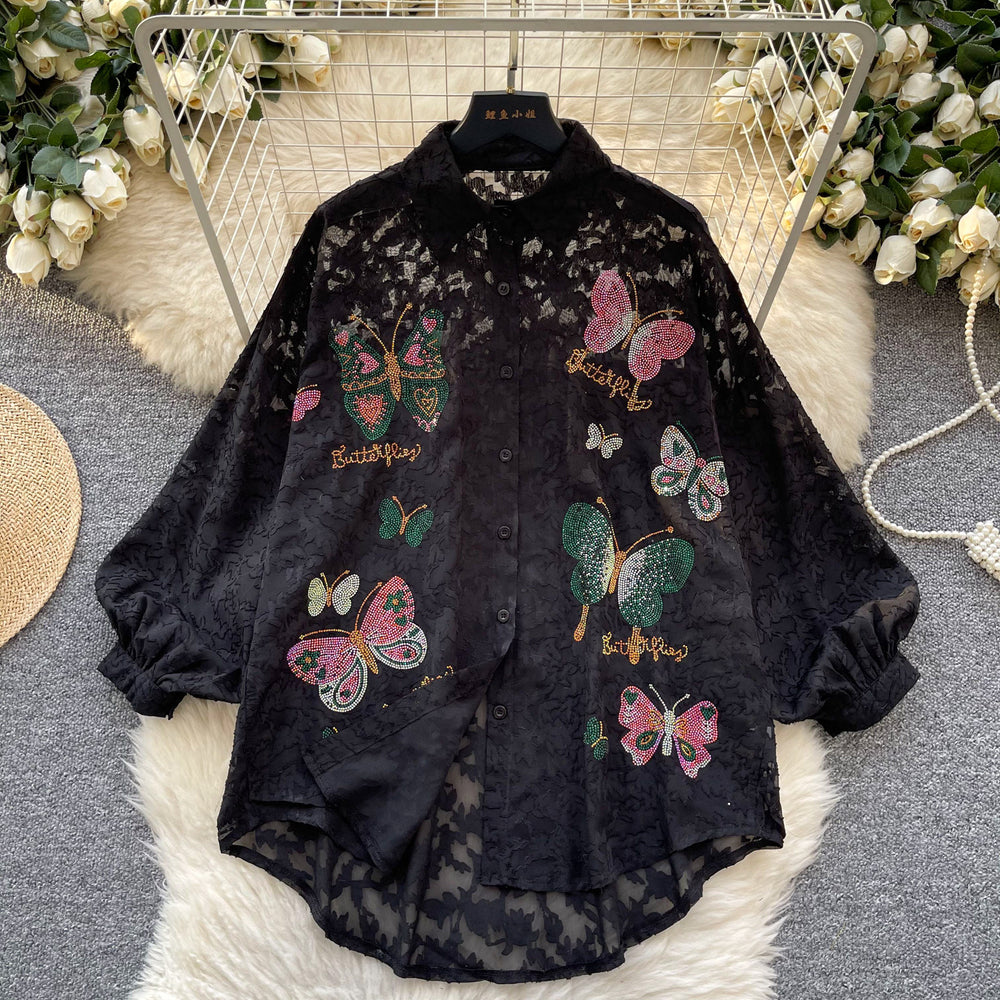 Luxury retro socialite style puff sleeve blouse - women's spring mesh embroidered loose fit chic & trendy top