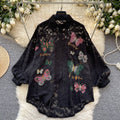 Luxury retro socialite style puff sleeve blouse - women's spring mesh embroidered loose fit chic & trendy top