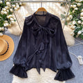 Korean style commute chic pink bow tie blouse - women's summer long sleeve ruffle trim loose fit solid color top