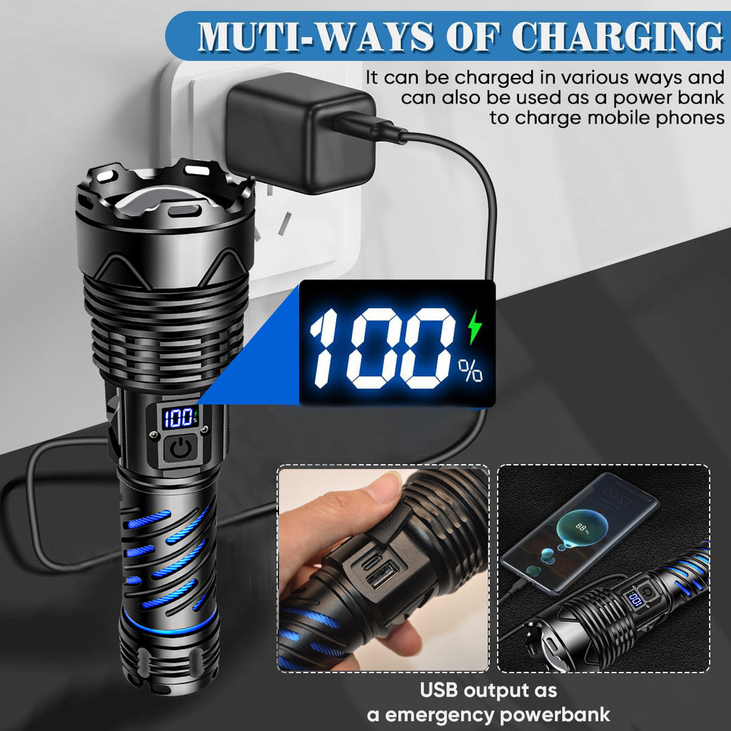 Cross-border strong light aluminum alloy multi-functional flashlight outdoor digital electric display rechargeable waterproof telescopic zoom flashlight
