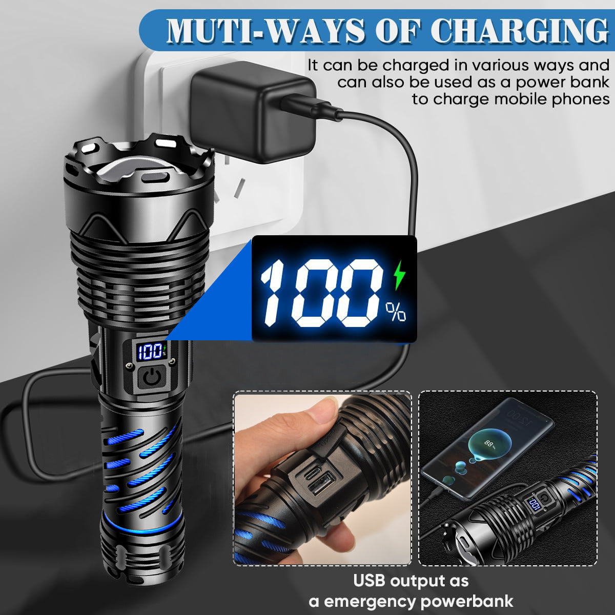 Cross-border strong light aluminum alloy multi-functional flashlight outdoor digital electric display rechargeable waterproof telescopic zoom flashlight