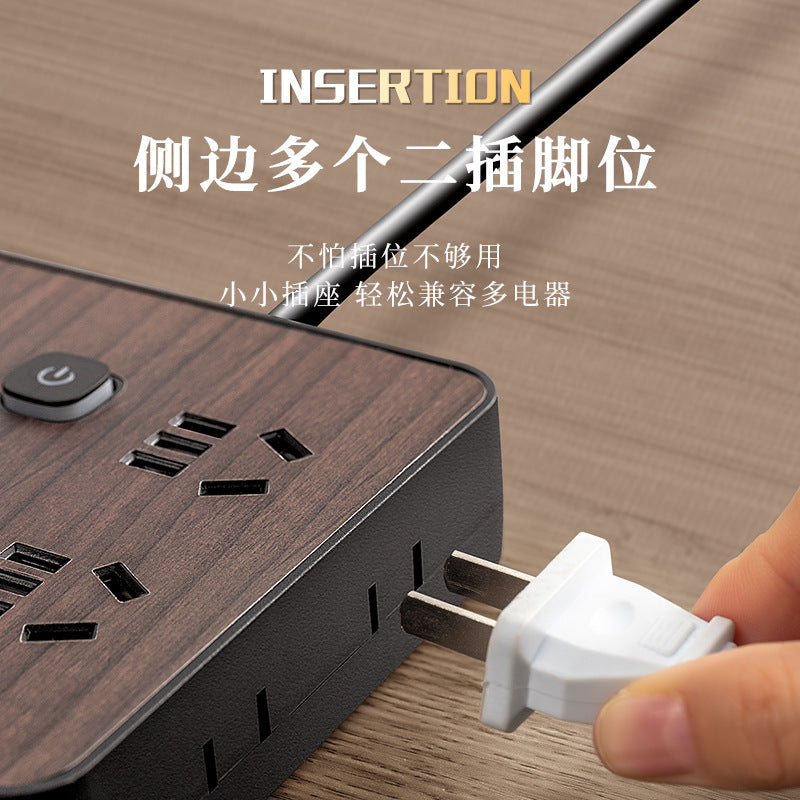 Double shell wood grain socket panel desktop multi-functional for homeusb charging socket with cable plug inspection and drag socket board