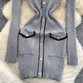 Xiaoxiangfengclassyfashionablecontrast color button design v neck waist slimming lookelegantlong sleevesknittingdress women