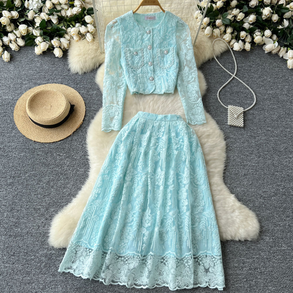 Xiaoxiangfengsuit women's short round neck puff sleeve lacetops high waist large hem skirt women's autumn two-piece set
