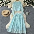 Xiaoxiangfengsuit women's short round neck puff sleeve lacetops high waist large hem skirt women's autumn two-piece set