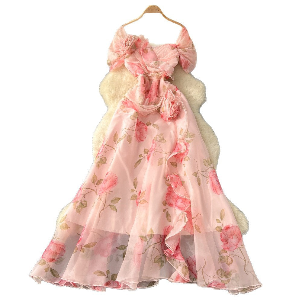 French chic high-end 3d floral ruched waist ruffle mesh dress - elegant women's evening gown maxi dress