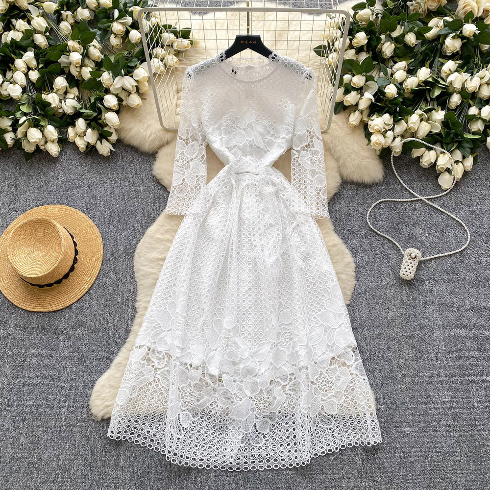 Frenchaccessible luxury heavy industry cut out crochet lace waist long sleevesdress women's slimming lookelegantelegance dress long skirt