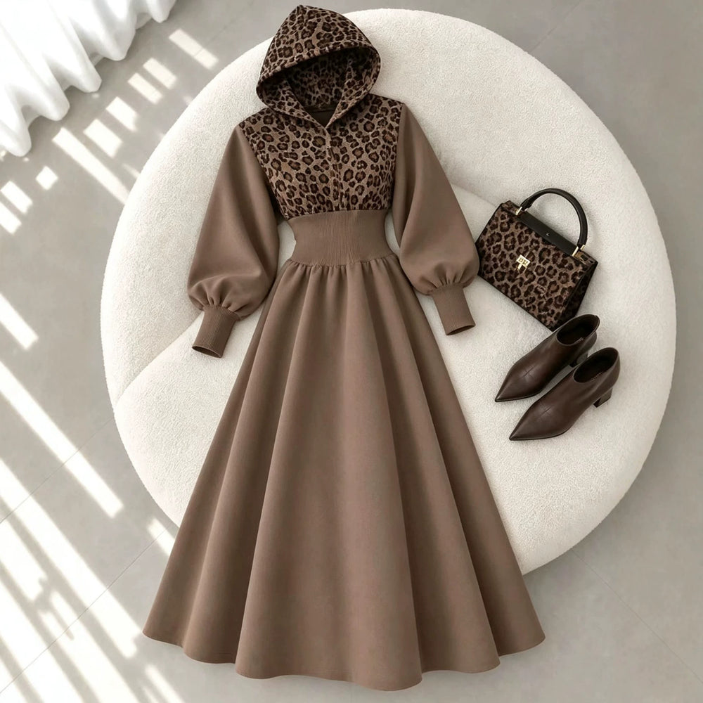 cross-border fashion women's versatile casual hooded leopard print patchwork a-line long slimming dress