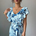 european and american new light blue floral maxi dress - v-neck, ruffle flutter sleeves, cinched waist, tie-waist, long floral print dress