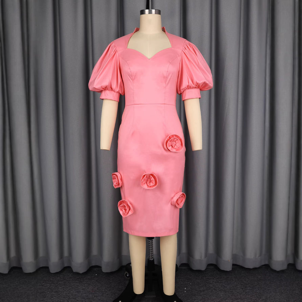 elegance heart neck lantern sleeve dress stereo flower silm hip party evening dress dresses