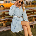 Fashion cross-border independent station  new retro washed denim loosecasual long-sleeved raw edge dress for women
