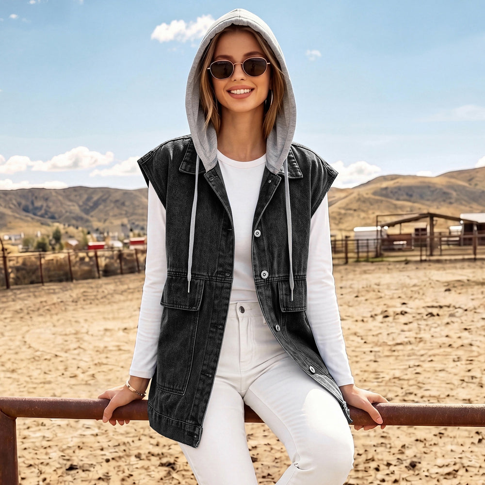European and american cross-border foreign trade  lapel front button stereo large pocket waist casual layered denim waistcoat for women