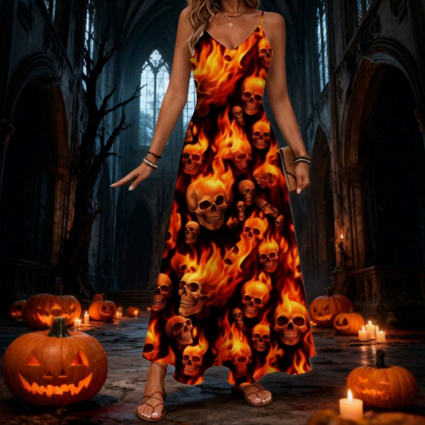 halloween pattern printing longdressv neckloose vacation suspender skirt