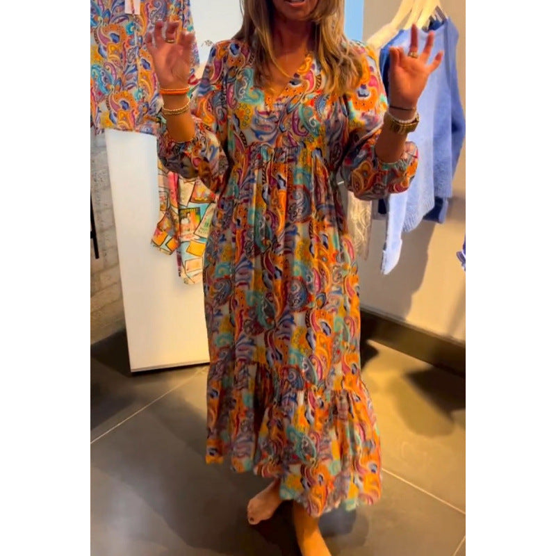 european and american export cross-border new print v-neck long sleeve casual dress for women
