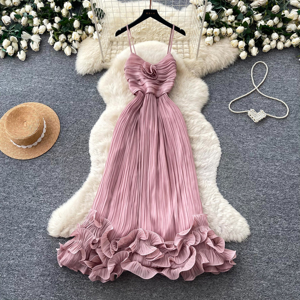 French style sweet camisole dress - women's summer korean high-waisted ruffle trim a-line dress - vacation ready