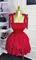 European and american cross-border women's fashion  summer new arrival: polka dot sleeveless butterfly tie waist puffy mini dress
