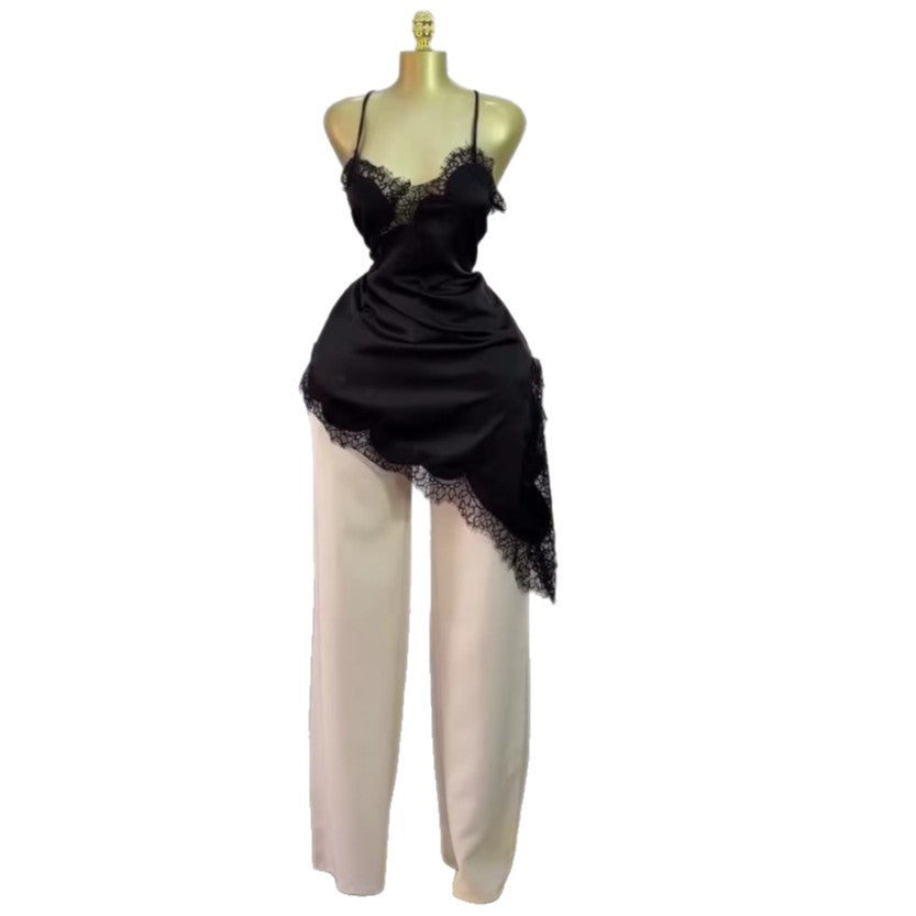 European and american cross-border women's fashion:  summer new arrivals - sexy and chic asymmetrical lace trim cami mini dress
