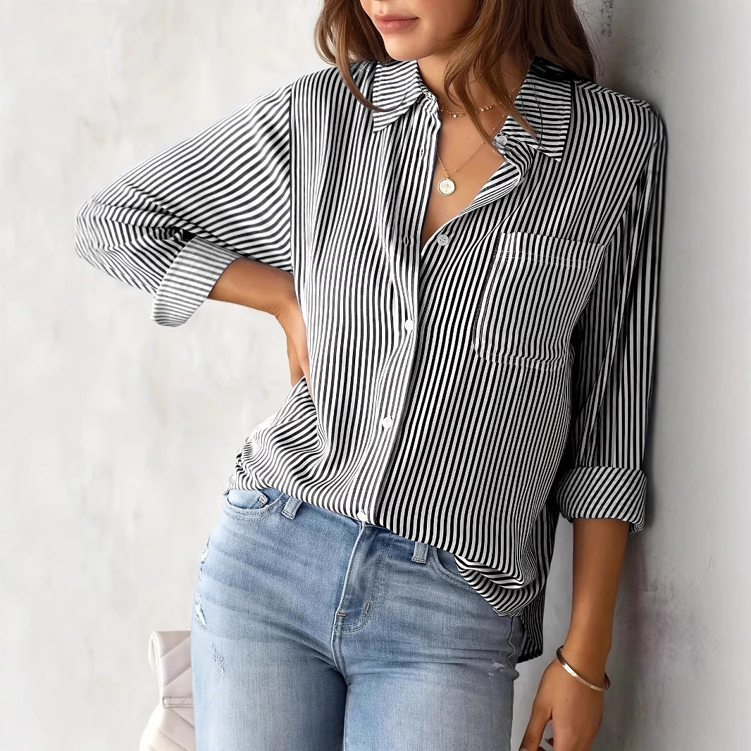 European and American  women's clothing 2025 spring new  striped cardigan top loose casual long-sleeved shirt women