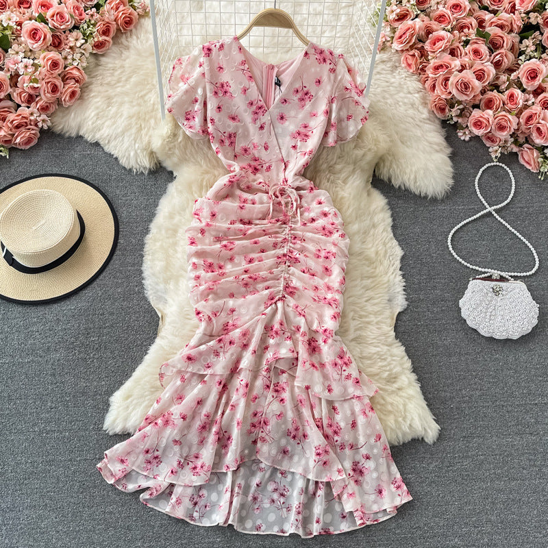 High and cold royal sister goddess style dress scheming pleated straps waist asymmetrical floral chiffon mermaid dress dress