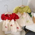 Girls' dress  summer new arrival: doll collar, bowknot, bear design, korean style, lightweight short-sleeve cotton dress for children