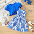 Girls' foreign trade dress set: blue lantern sleeve jacket & paisley print sundress - summer outfit for kids