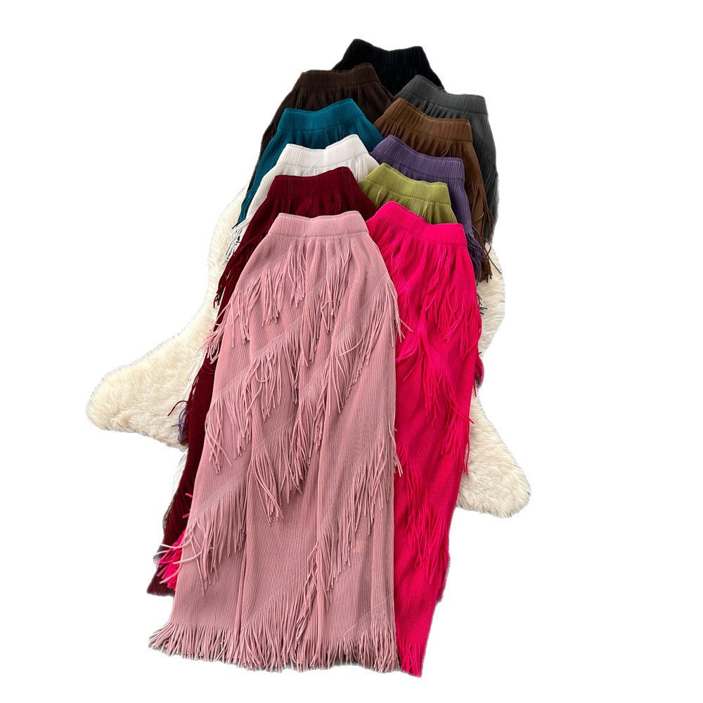 Korean style tassel trim a-line midi skirt - women's 2026 summer high-waisted commute chic tassel skirt