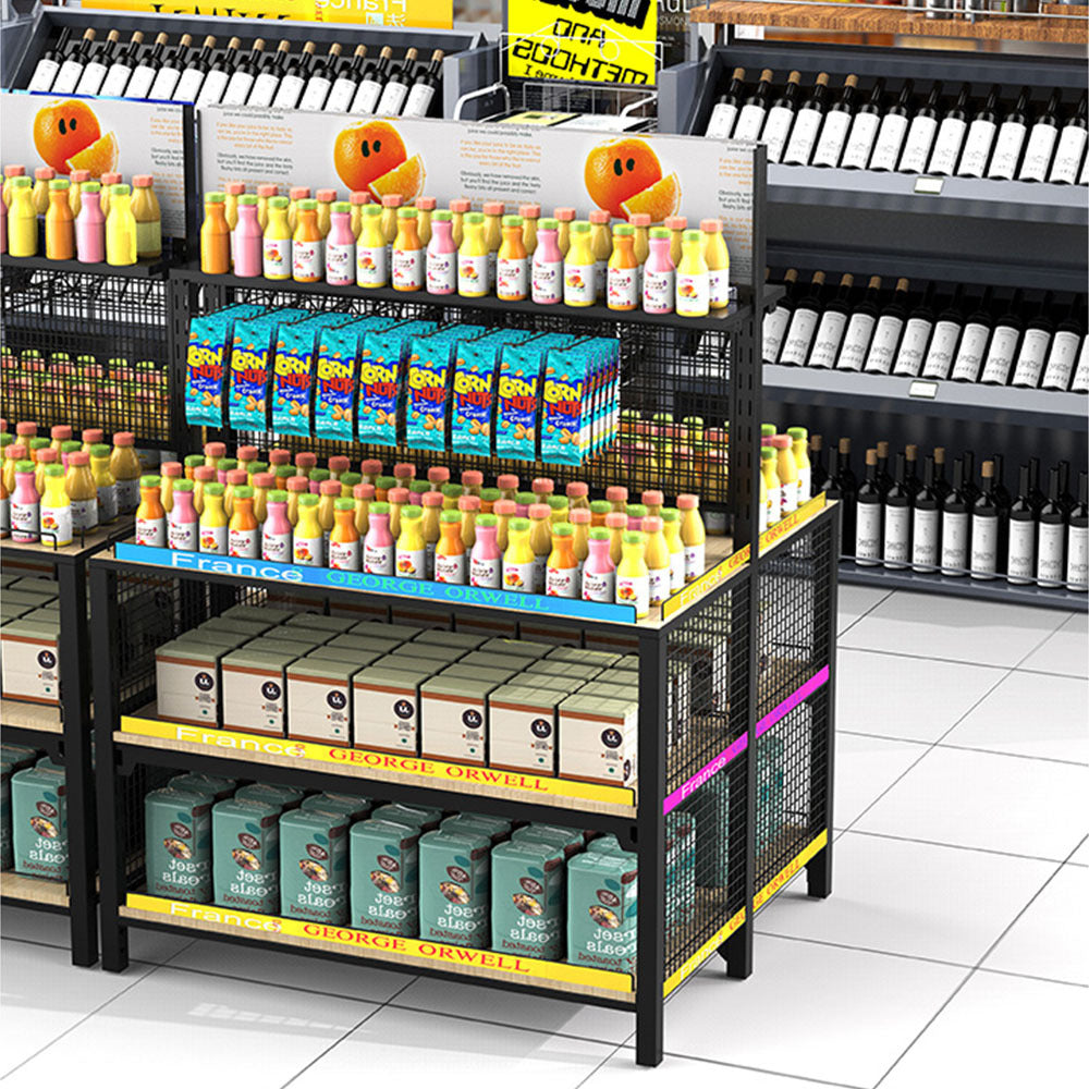 Customized supermarket beverage shelves, iron and wood display racks, beverage drinks, wine, Zhongdao display racks, convenience store beverage racks