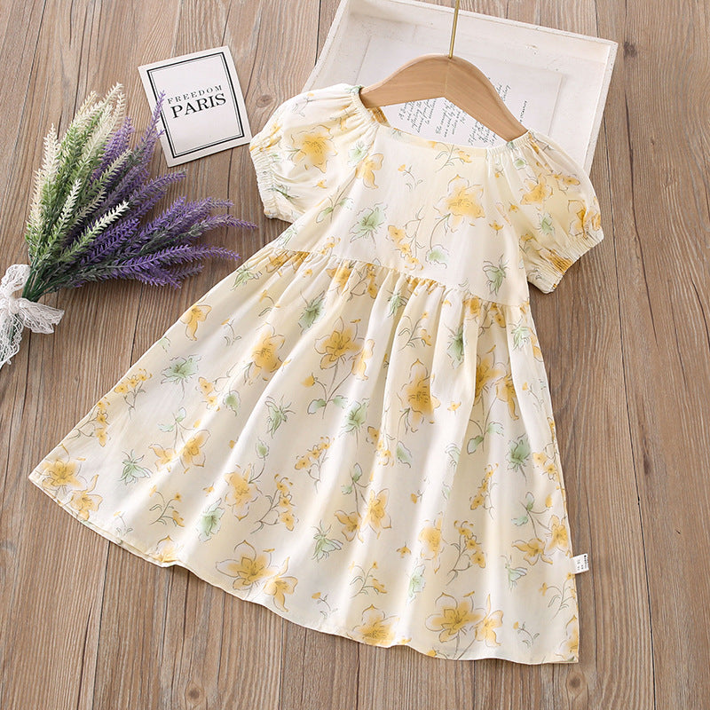 【matching family outfits】girls' cotton silk floral dress - princess style, stylish print, and puff sleeve skirt