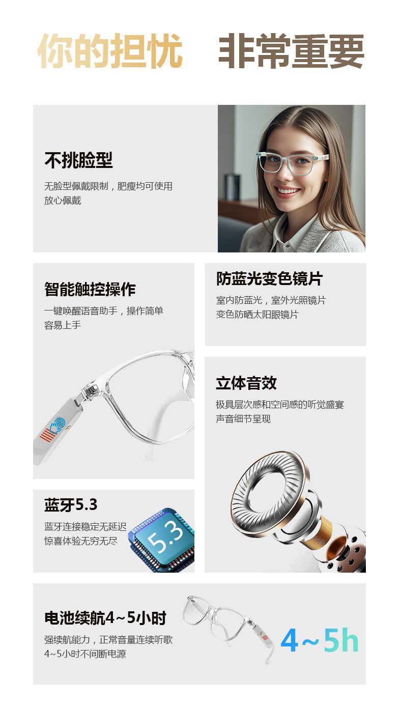 Yance bluetooth smart glasses - outdoor photochromic lenses, premium headset, call function, anti-blue light audio sunglasses 5.3