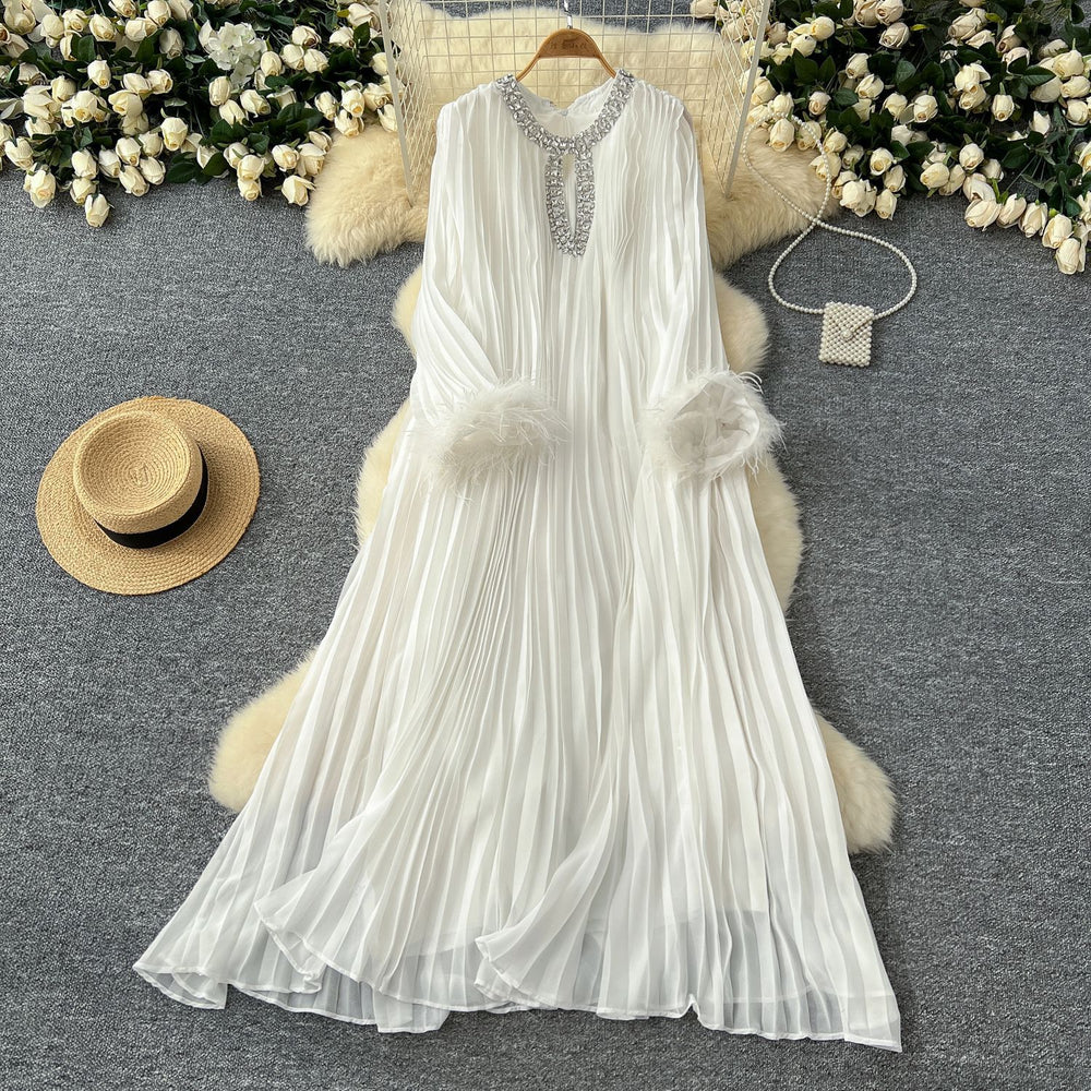 European and american cross-border  autumn new arrival: elegant solid color dress - round neck, rhinestone embellished, loose fit, faux fur trim, pleated maxi dress