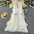 European and american cross-border  autumn new arrival: elegant solid color dress - round neck, rhinestone embellished, loose fit, faux fur trim, pleated maxi dress