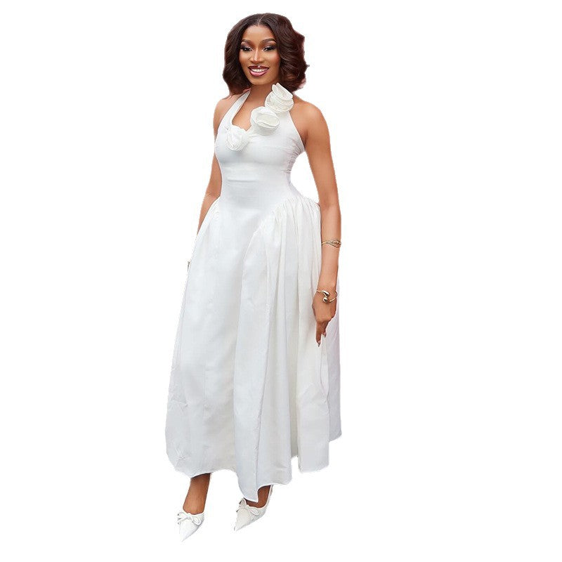 European and american women's clothing  autumn new sweet and fresh halter v-neck high-waisted slimming a-line maxi dress