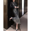 Women's autumn/winter fashionable and elegant sequin patchwork long sleeve mermaid midi dress - perfect for dates/work/everyday wear