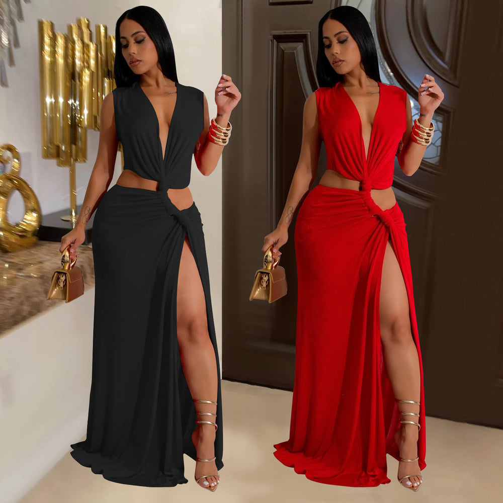 C7062 cross-border   independent station fashionable women's sleeveless deep v slit dress new style
