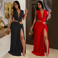 C7062 cross-border   independent station fashionable women's sleeveless deep v slit dress new style
