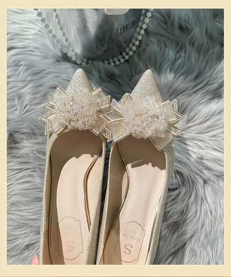 2025 french rhinestone pearl flower comfortable heel bridal wedding shoes for women