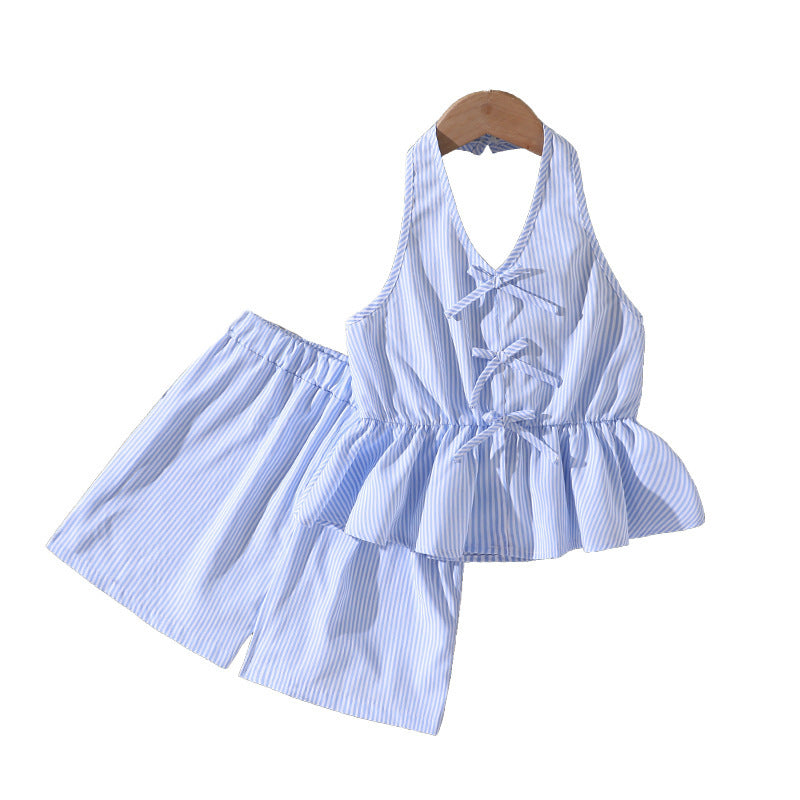 girls' big kids' outfit:  summer new european and american casual striped fashion halter top and pants two-piece set