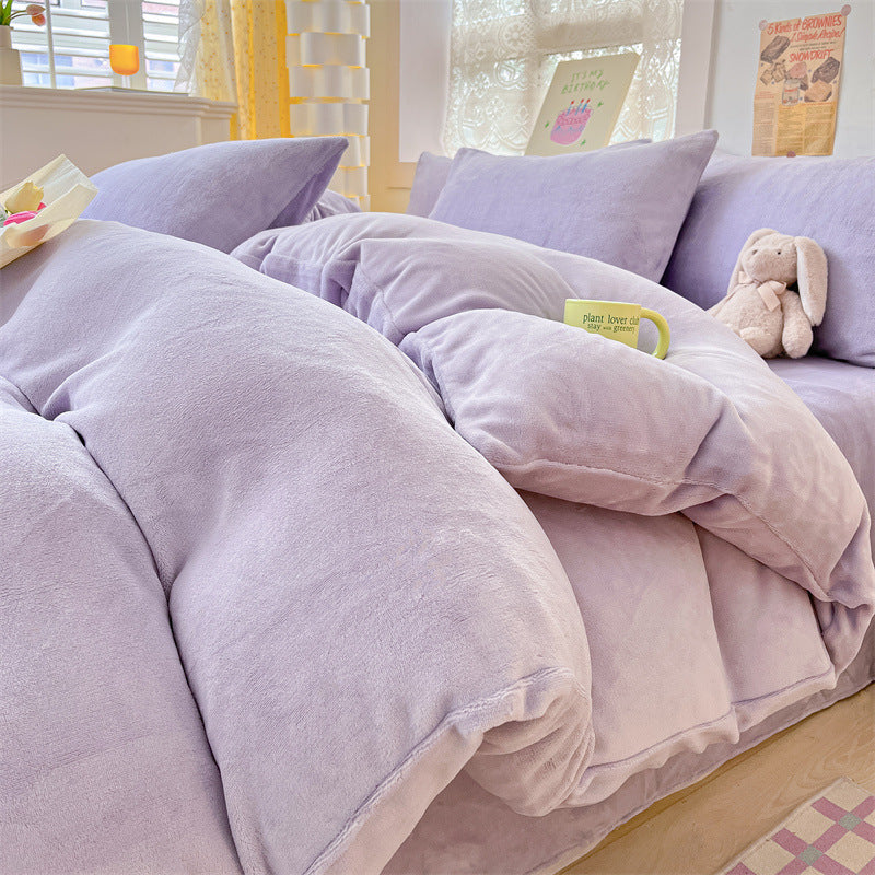 Solid color milk fleece four-piece set, winter thickened coral fleece bed sheet quilt cover, Nantong flannel bed three-piece set