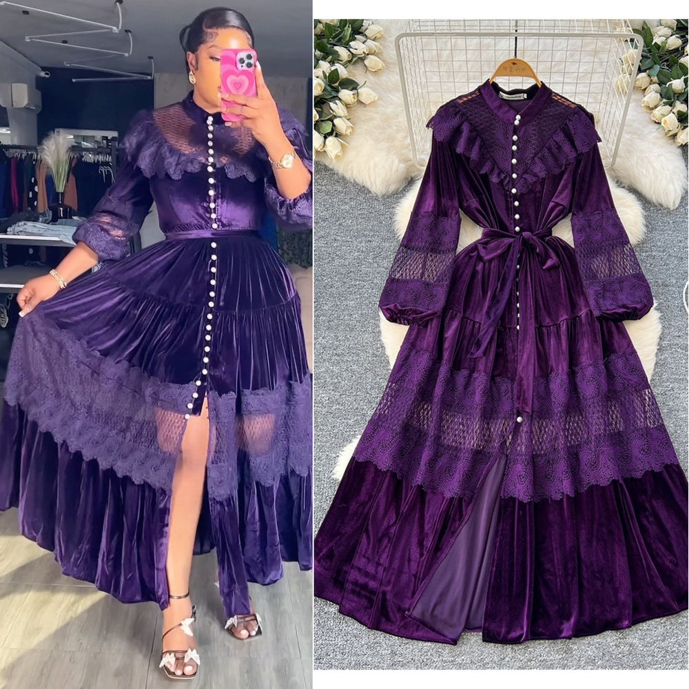 Palace style dress women's frenchretrofashion stand collar pearl single breasted lacepatchwork velvet long skirt