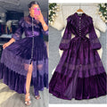 Palace style dress women's frenchretrofashion stand collar pearl single breasted lacepatchwork velvet long skirt
