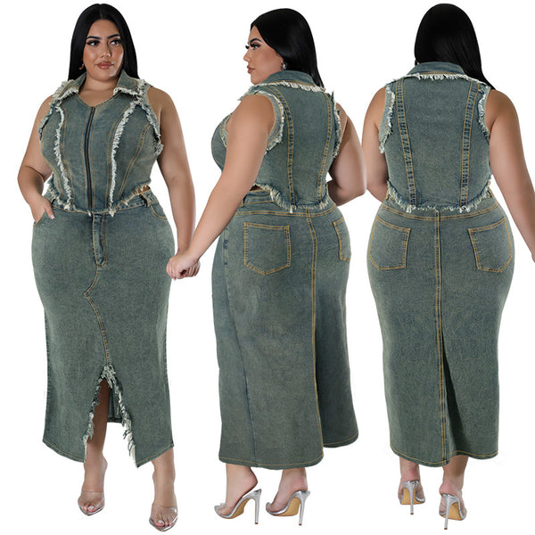 F218380  large-size women's clothing denim fringed short-sleeved zipper split skirt set source factory direct sales