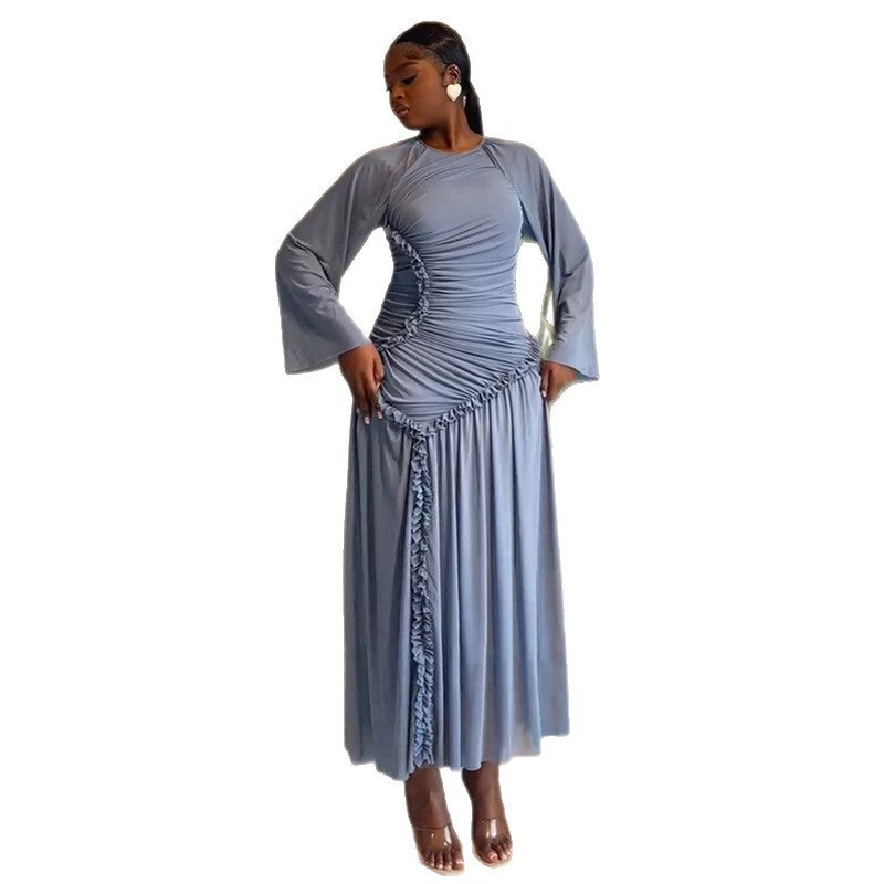 European and american women's clothing  autumn new sweet and fresh round neck long sleeve high waist slimming a-line maxi dress