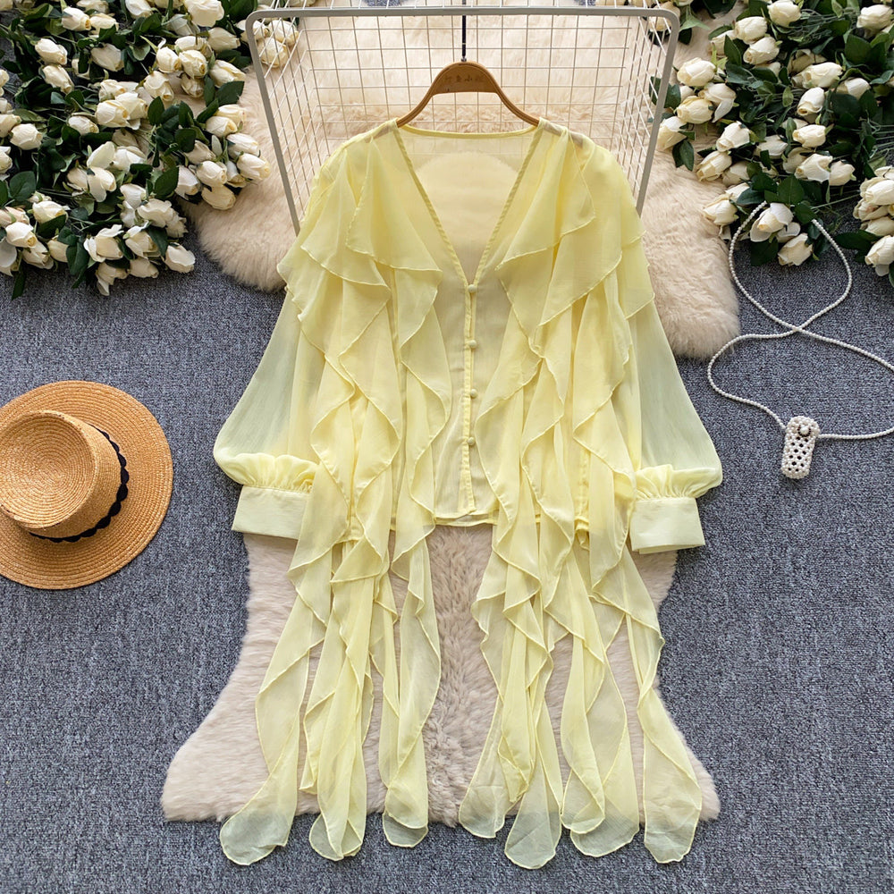 Frenchromantic style comfortable breathable rufflesshirt women's long sleevesloosecardiganslimming lookeasiest for matchwork clothingtops