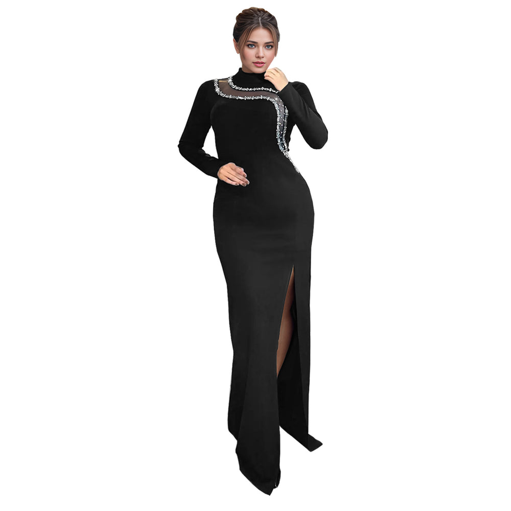 C7297 cross-border   fashion women's sexy slim-fit slit rhinestone chain long sleeve dress
