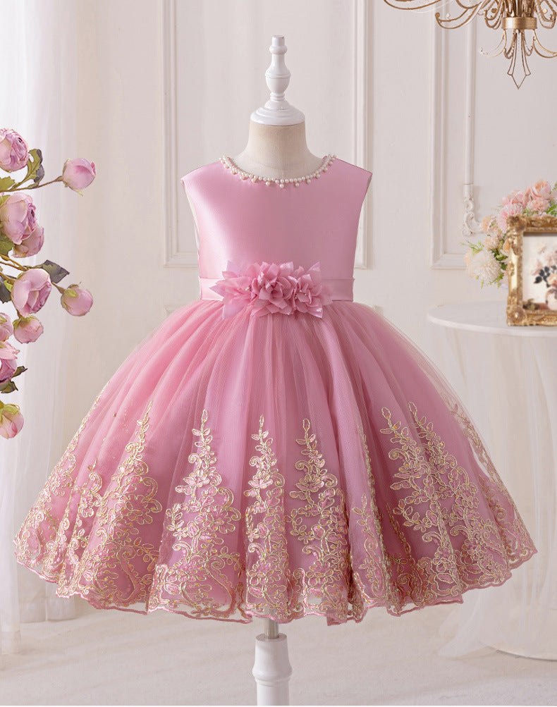 Girls' princess dress - sweet style, european & american chic, runway-inspired gown, flower girl wedding dress, round neck, children's mid-length, customizable