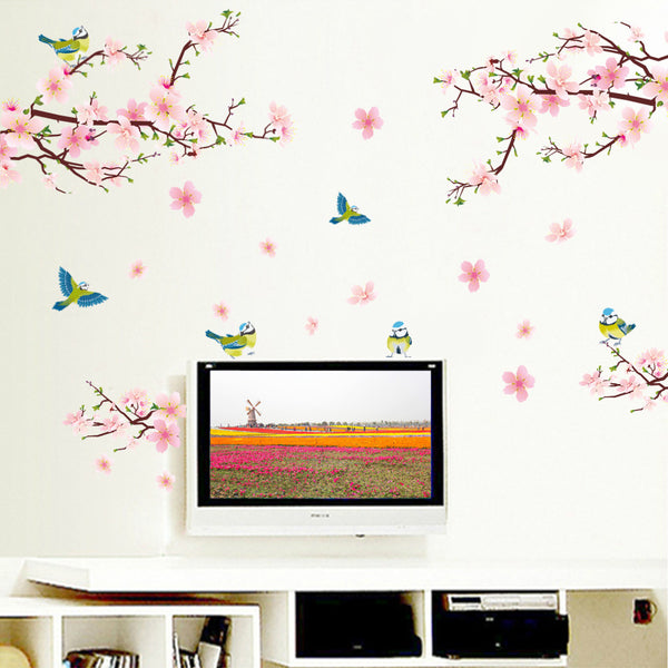 Warm and romantic peach blossom flower bird bedside, bedroom living room sofa decoration removable wall sticker XL8051