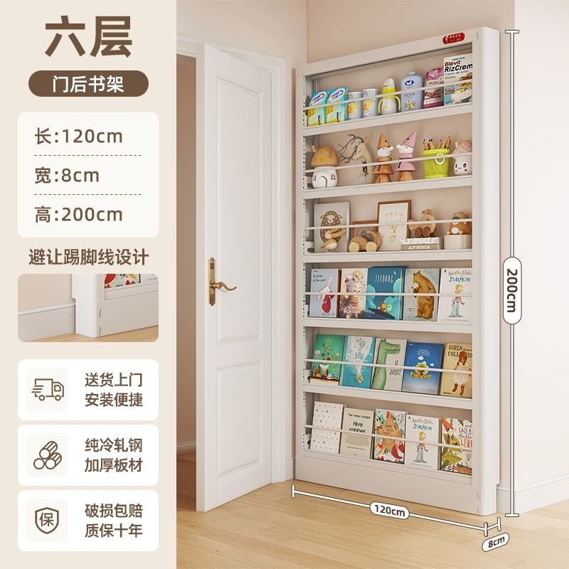 Behind-the-door bookshelf, ultra-slim over-the-door organizer, steel kids' storage rack for picture books, home wall bookshelf